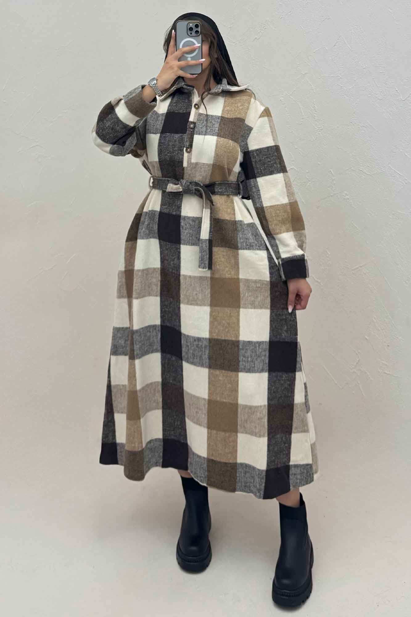 کفتان بلند فوتر پشمی چهارخانه کد 1135