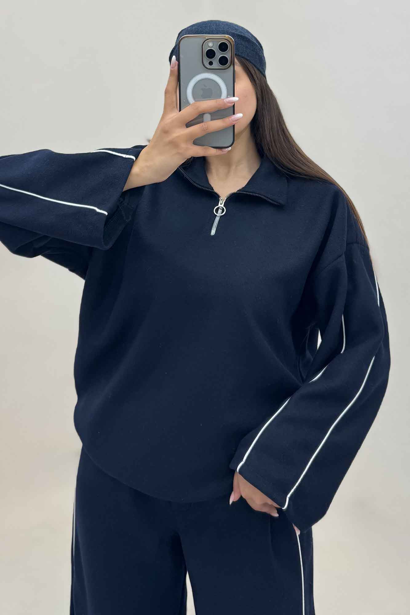 سویشرت و شلوار روناک نیم زیپ مغزی دوزی