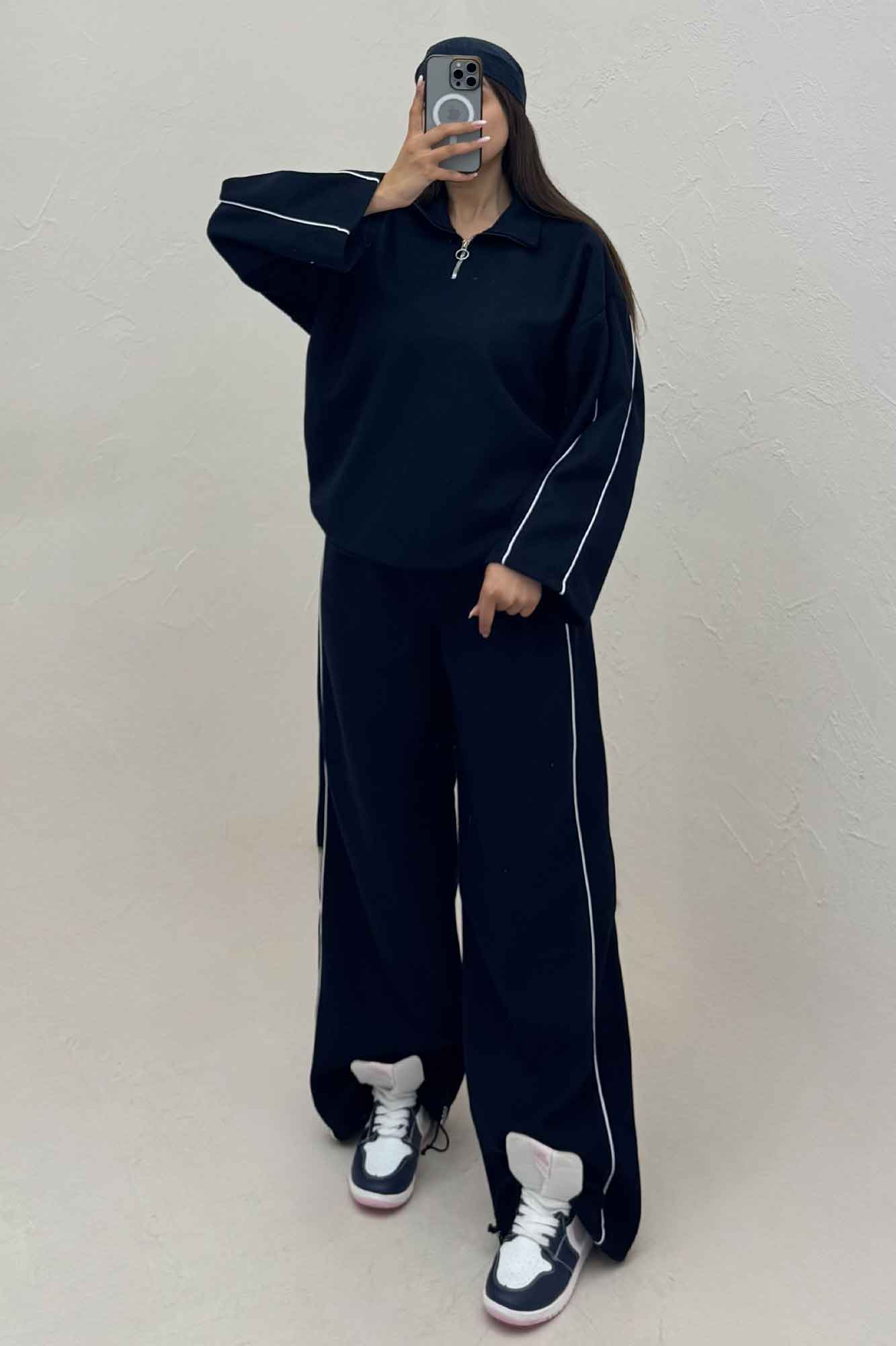 سویشرت و شلوار روناک نیم زیپ مغزی دوزی