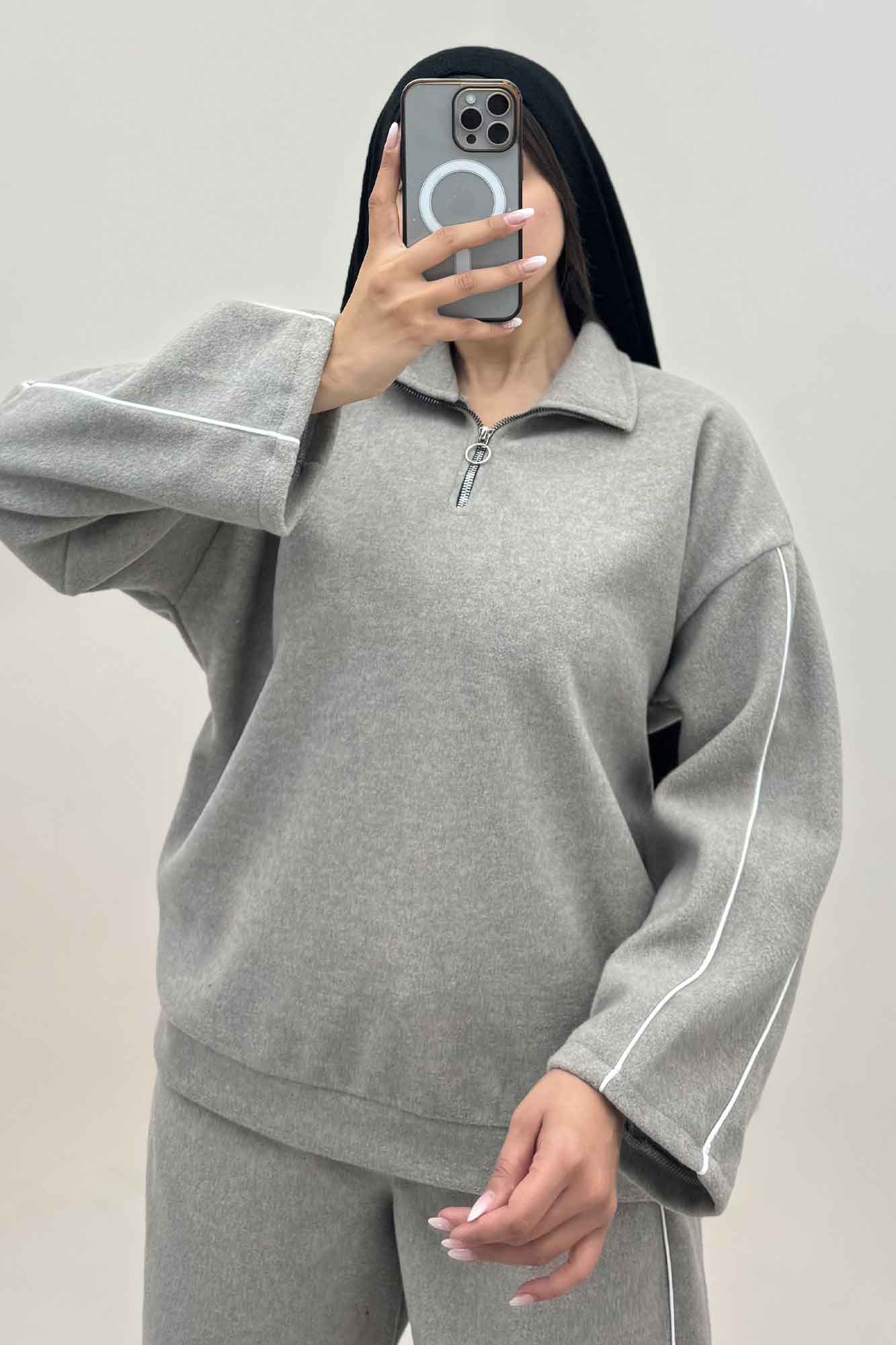 سویشرت و شلوار روناک نیم زیپ مغزی دوزی