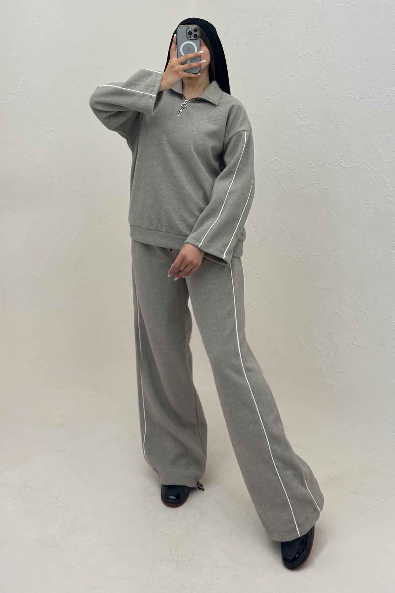 سویشرت و شلوار روناک نیم زیپ مغزی دوزی