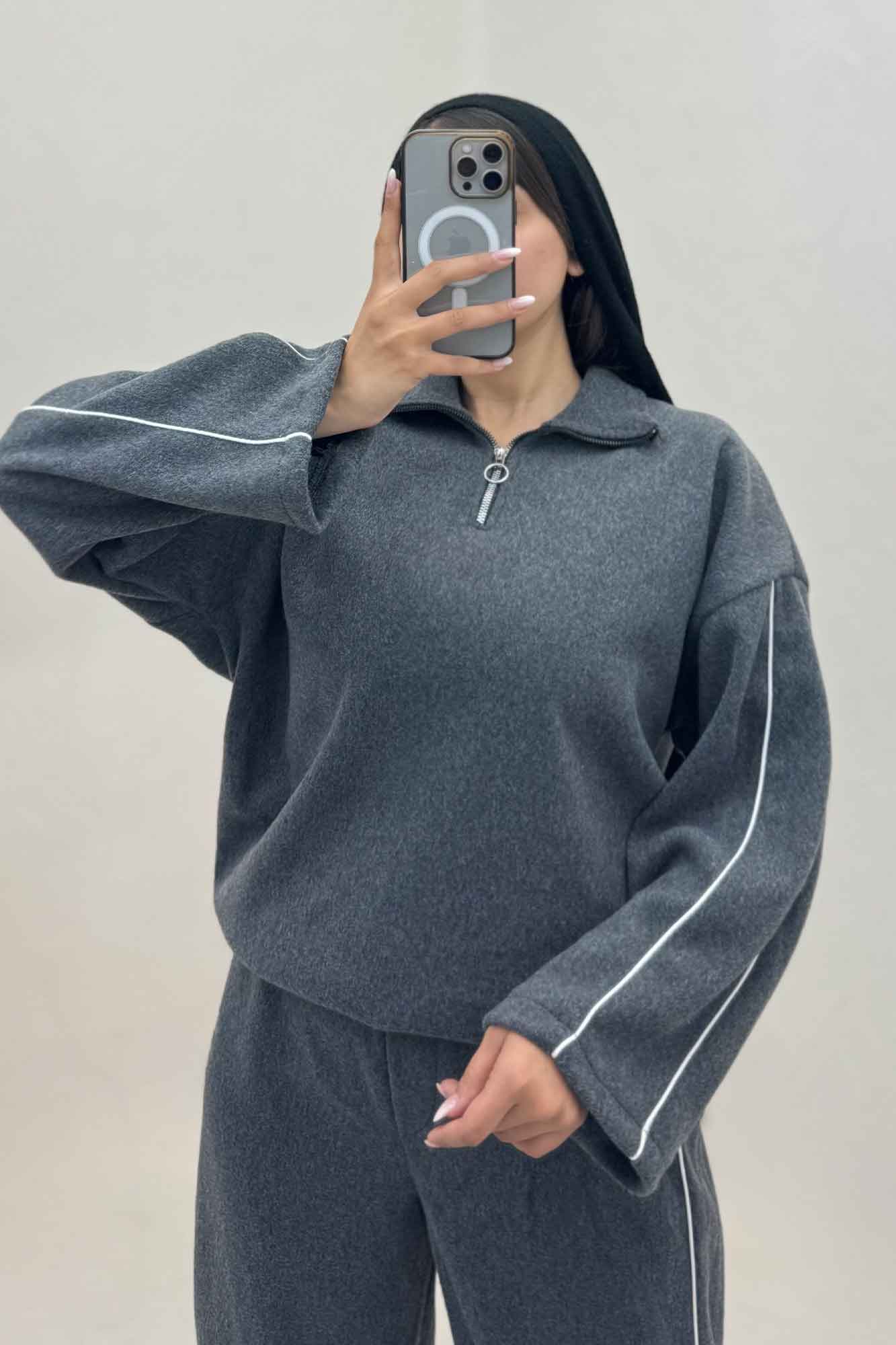 سویشرت و شلوار روناک نیم زیپ مغزی دوزی