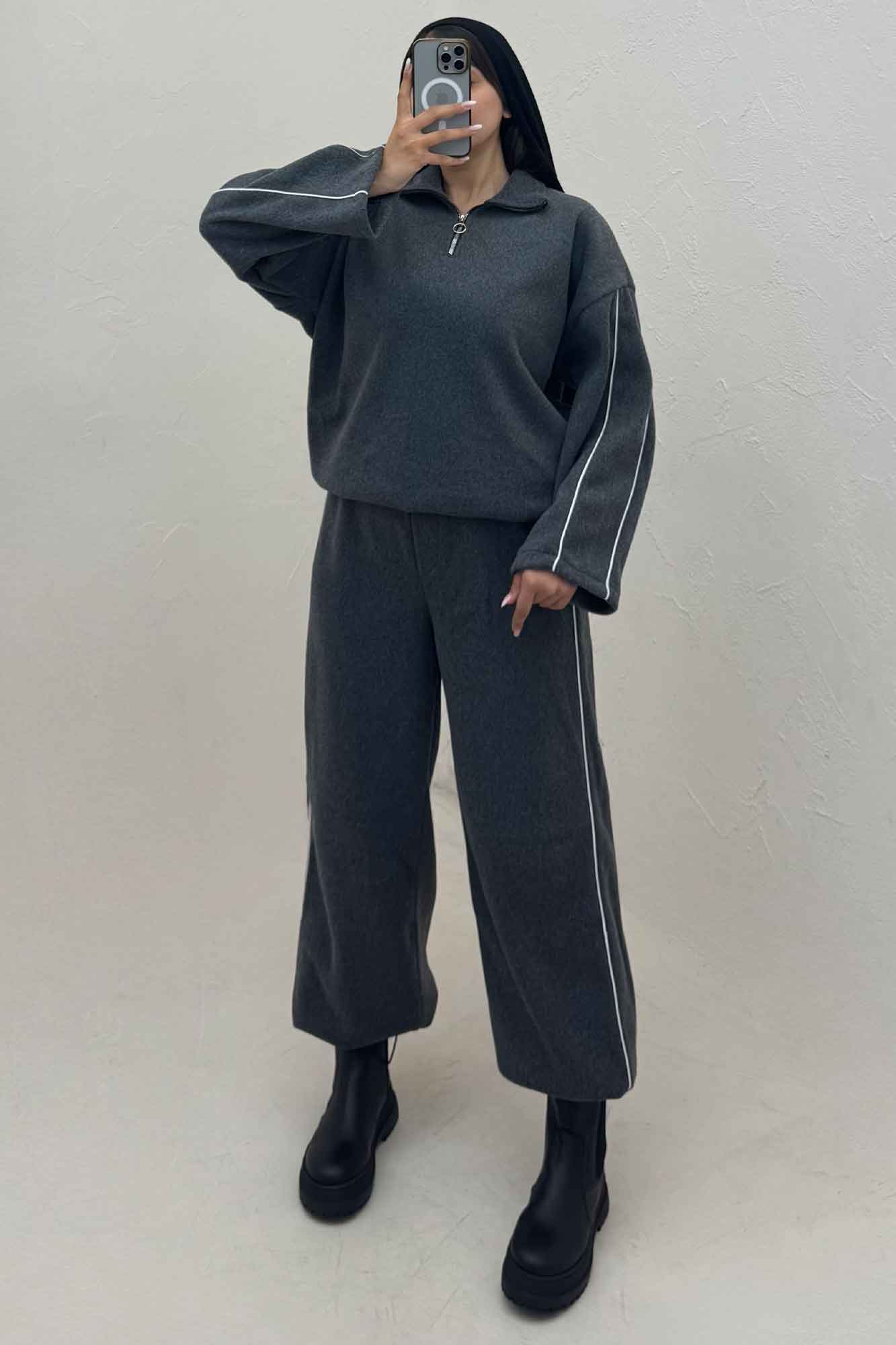 سویشرت و شلوار روناک نیم زیپ مغزی دوزی