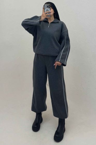 سویشرت و شلوار روناک نیم زیپ مغزی دوزی