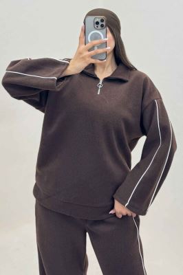 سویشرت و شلوار روناک نیم زیپ مغزی دوزی