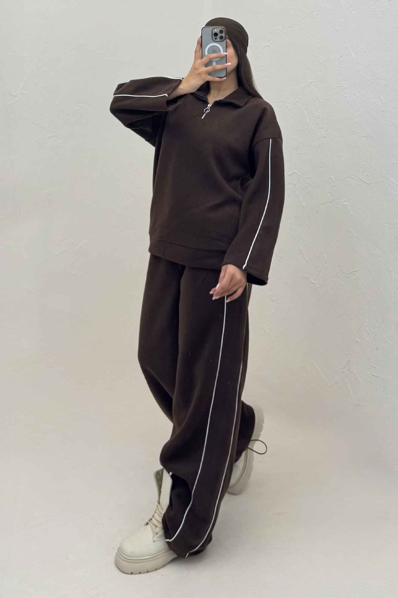 سویشرت و شلوار روناک نیم زیپ مغزی دوزی