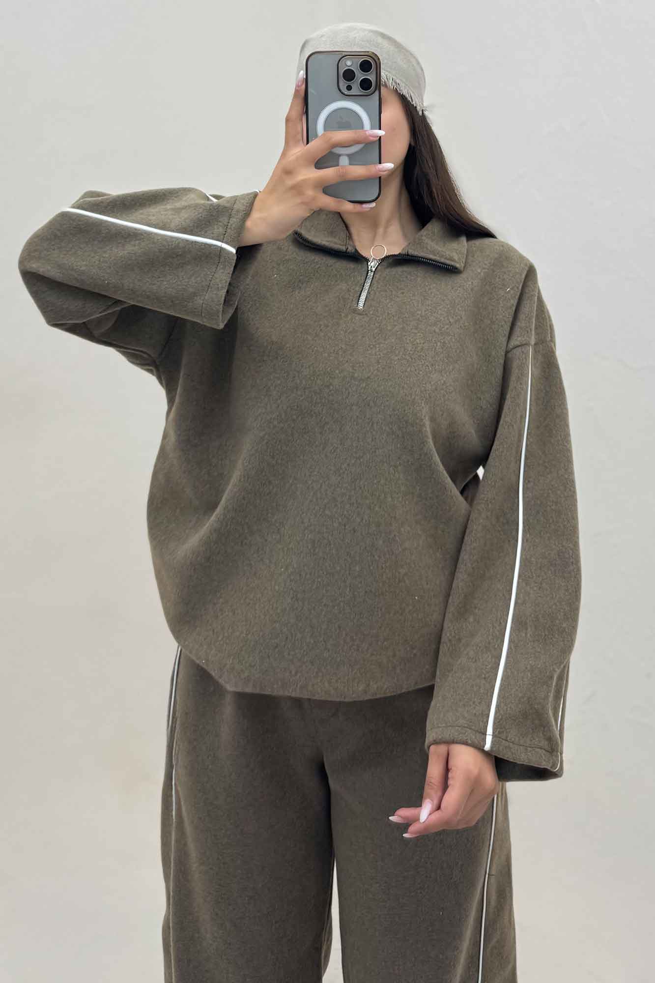 سویشرت و شلوار روناک نیم زیپ مغزی دوزی