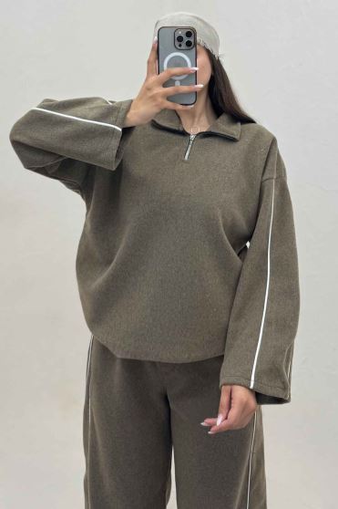 سویشرت و شلوار روناک نیم زیپ مغزی دوزی