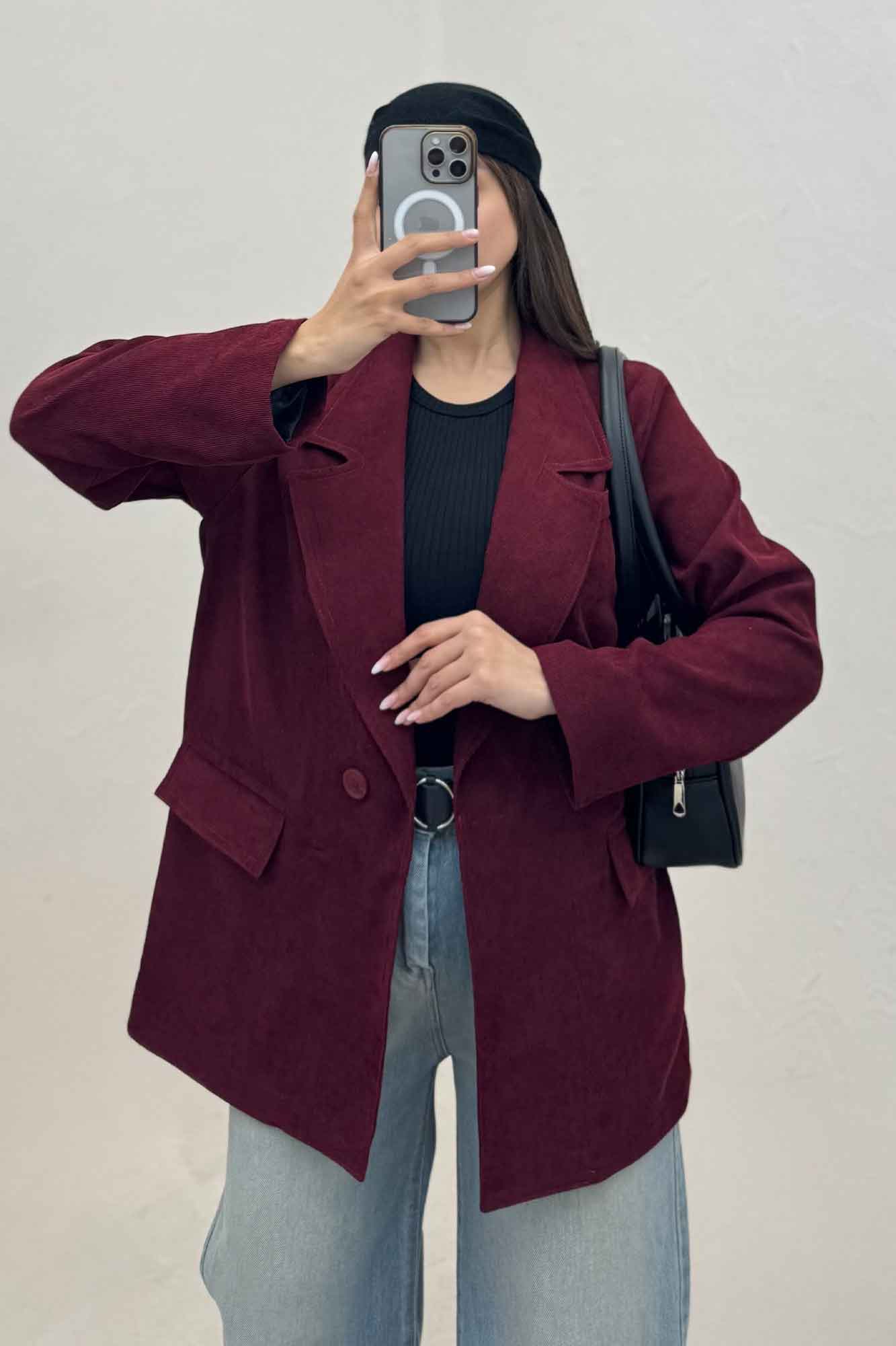 کت مخمل کبریتی آستردار لبه دوخت