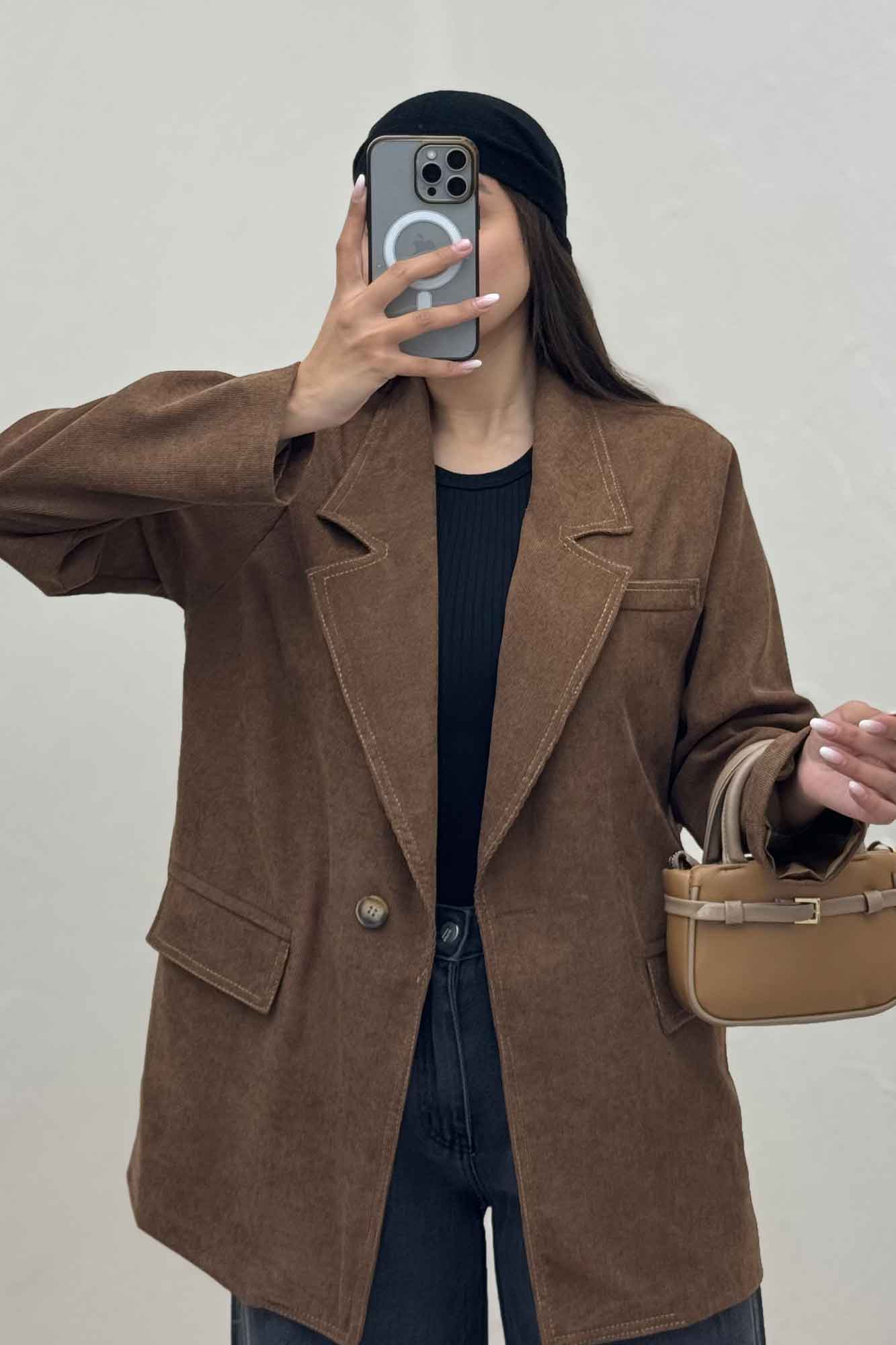 کت مخمل کبریتی آستردار لبه دوخت