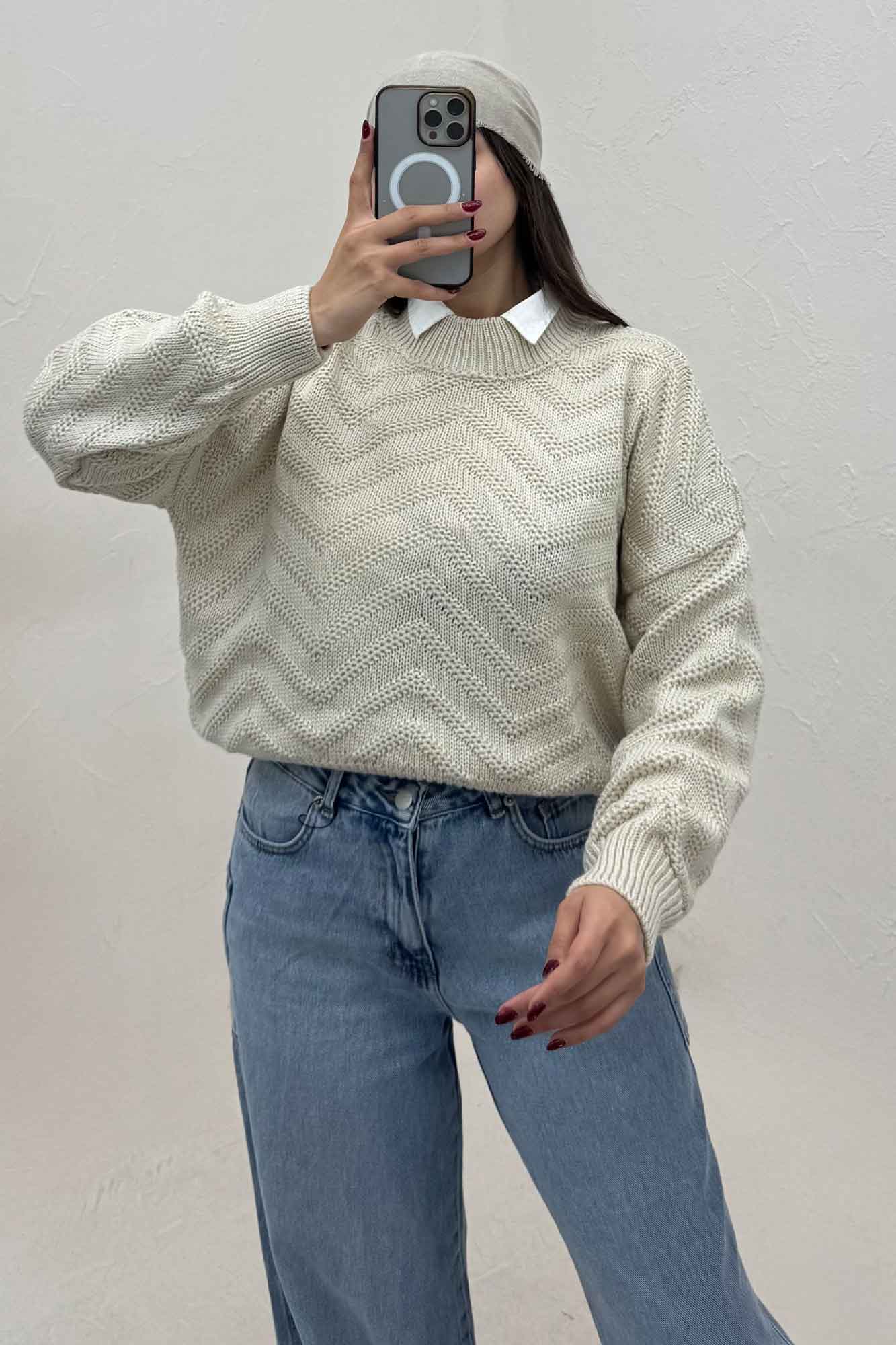 بلوز بافت یقه سه سانت طرح زیگزاگ کد 511