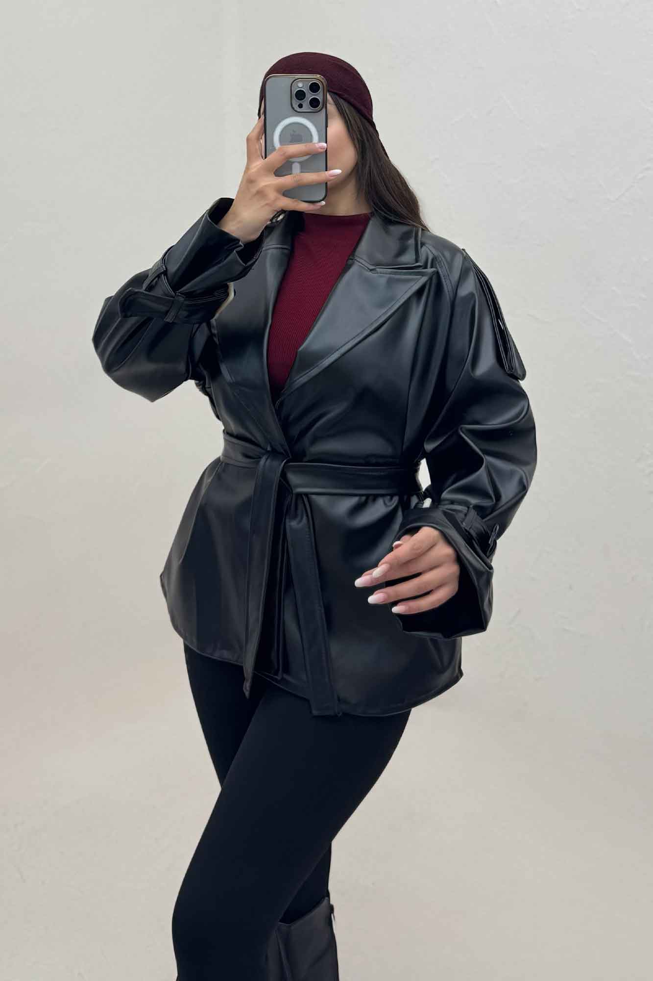 پالتو چرم کمربنددار یقه بلیزر کد 1149