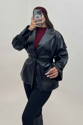 پالتو چرم کمربنددار یقه بلیزر کد 1149