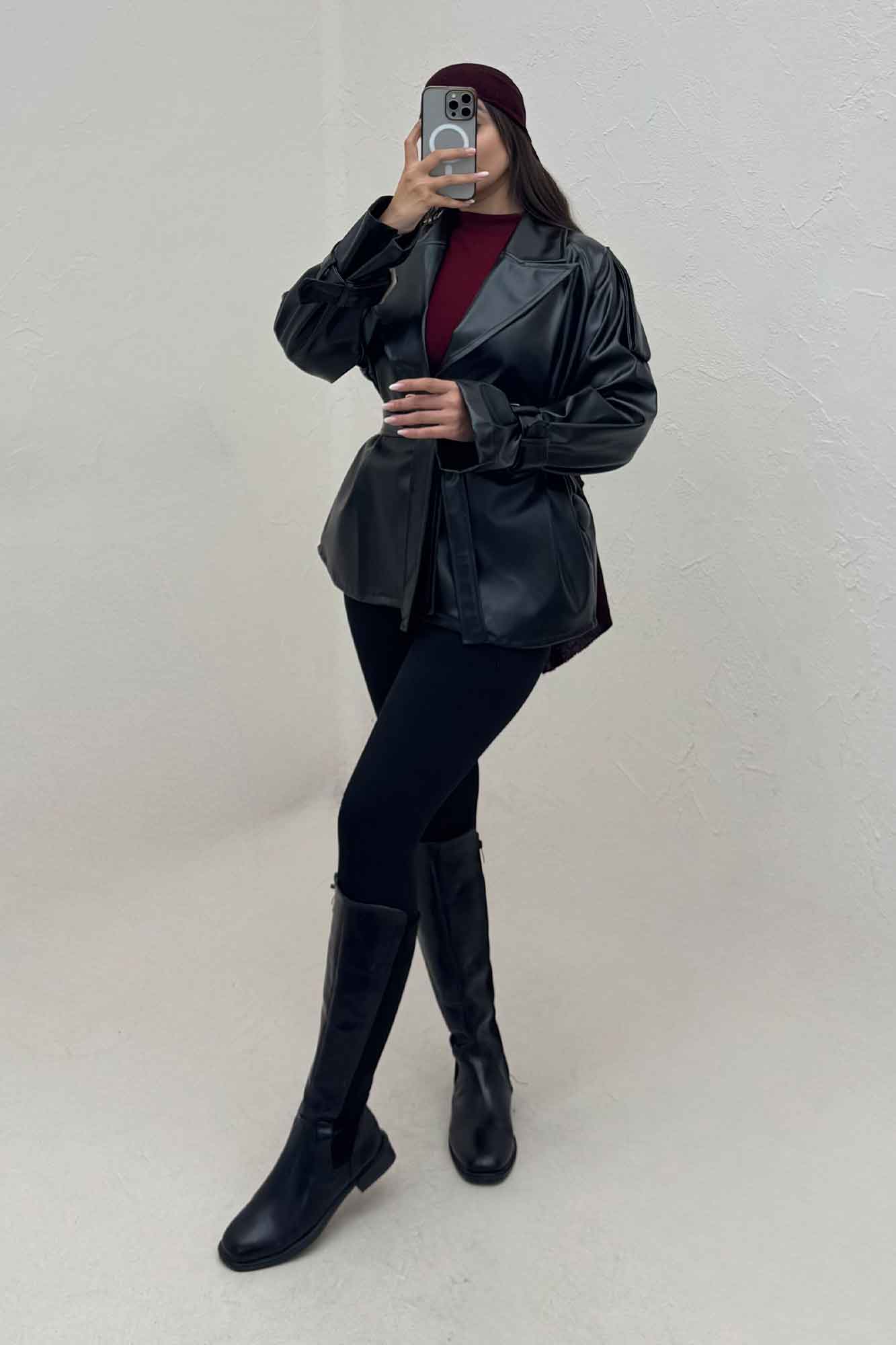 پالتو چرم کمربنددار یقه بلیزر کد 1149