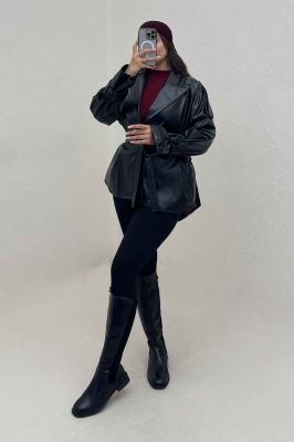 پالتو چرم کمربنددار یقه بلیزر کد 1149