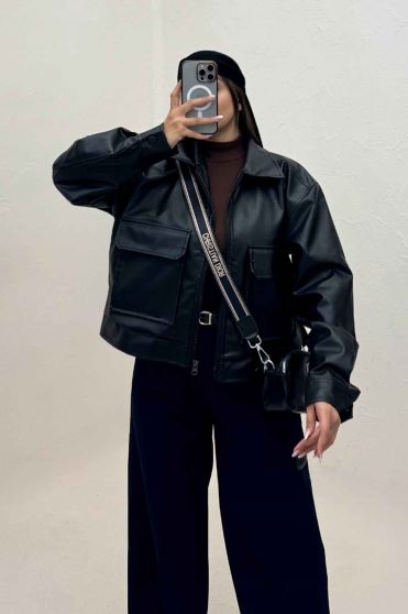 کت چرم آستردار دو جیب پاکتی کد 466