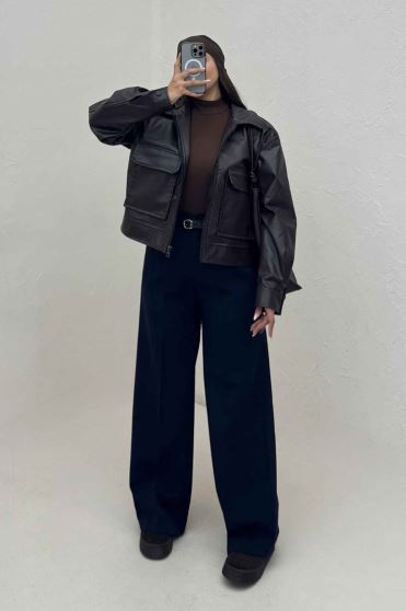 کت چرم آستردار دو جیب پاکتی کد 466