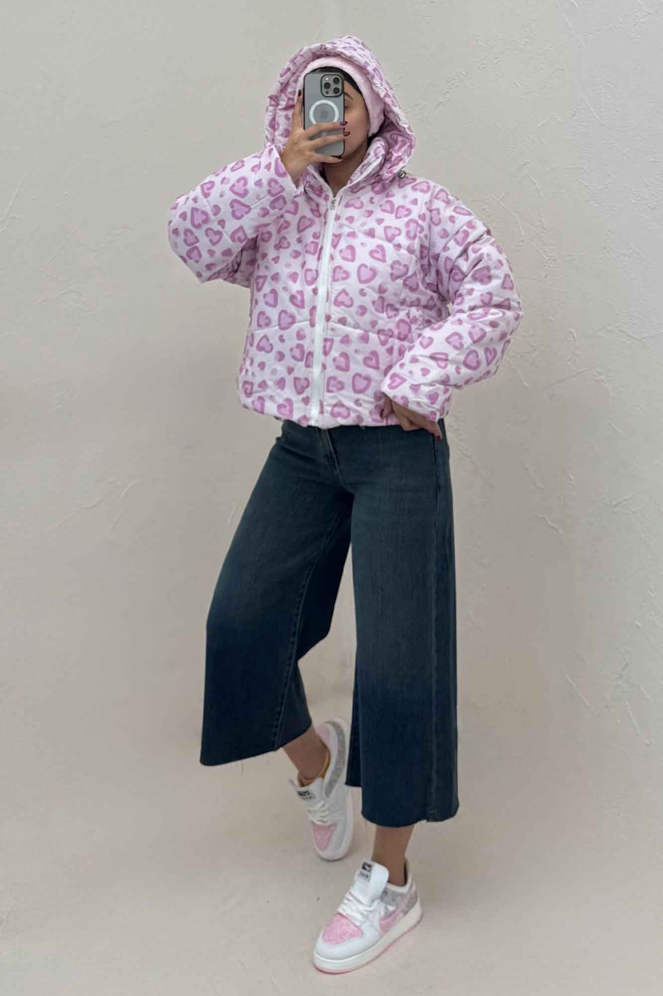 کاپشن پافری کلاهدار طرح قلب کد 439