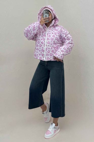 کاپشن پافری کلاهدار طرح قلب کد 439