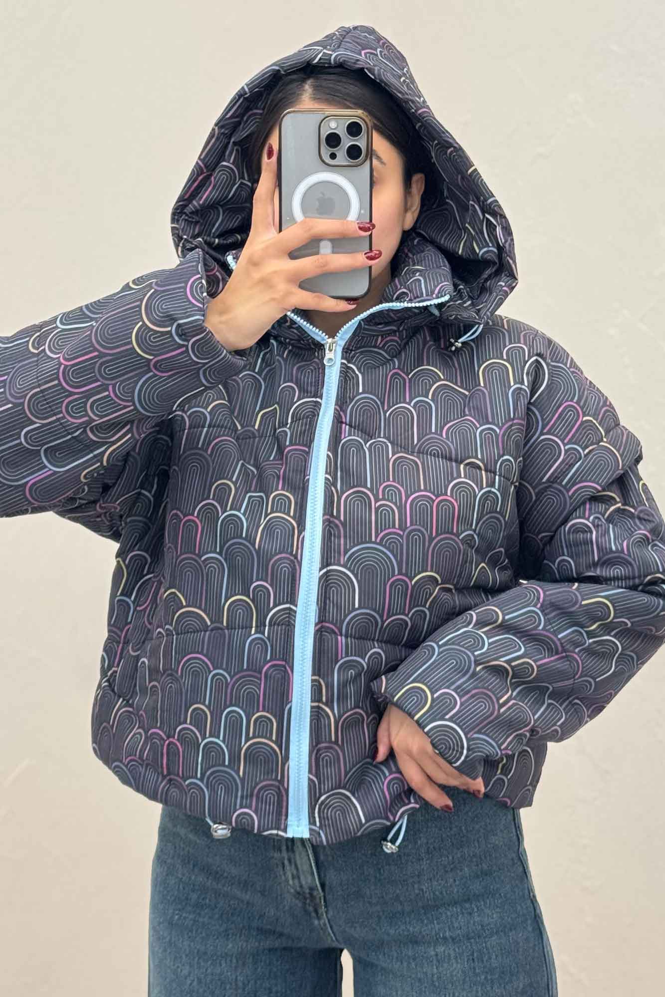 کاپشن پافری کلاهدار طرح هلال کد 439