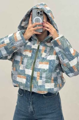 کاپشن پافری کلاهدار طرح مربع کد 439