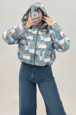 کاپشن پافری کلاهدار طرح مربع کد 439