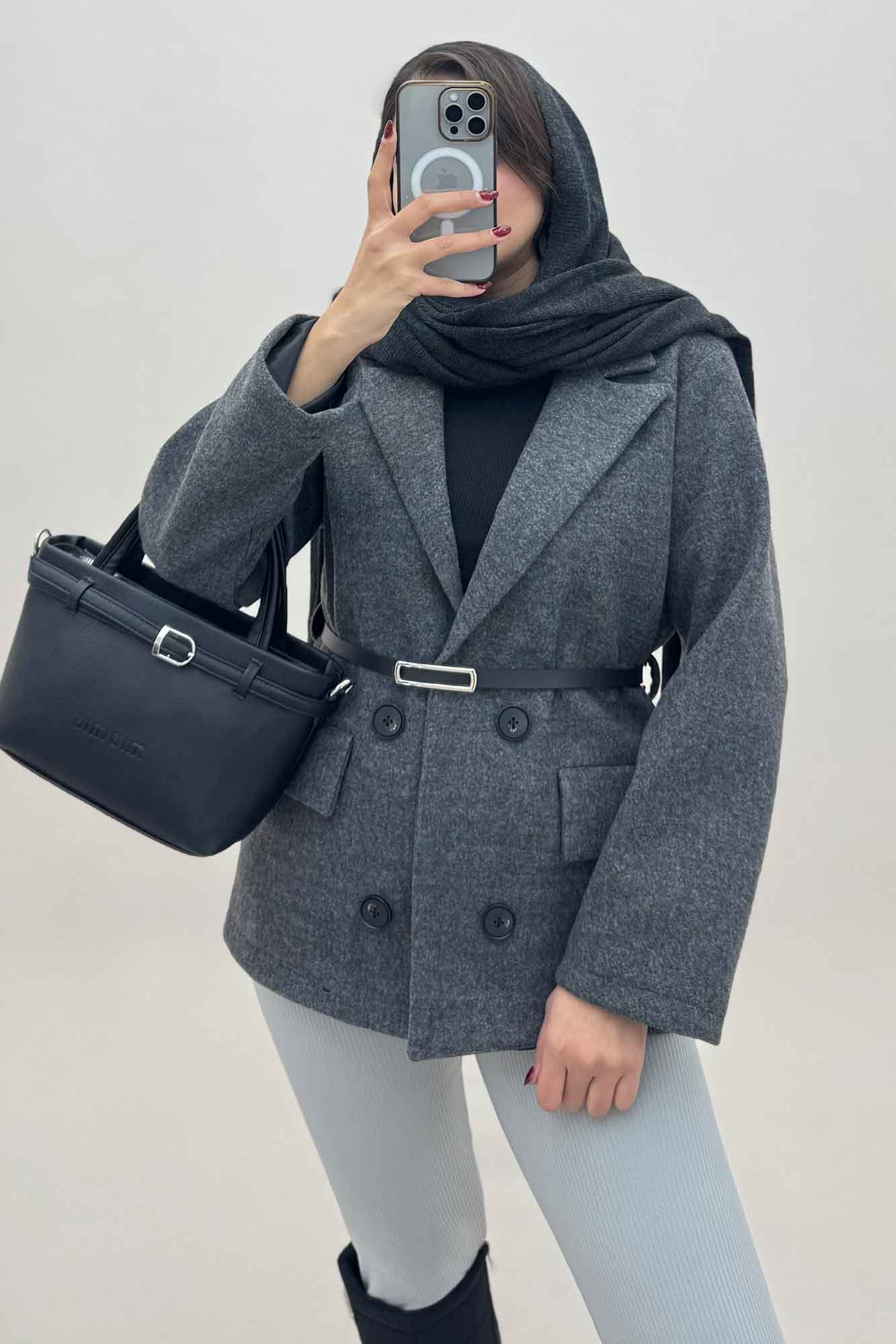 کت فوتر یقه انگلیسی آستردار کمربند چرم