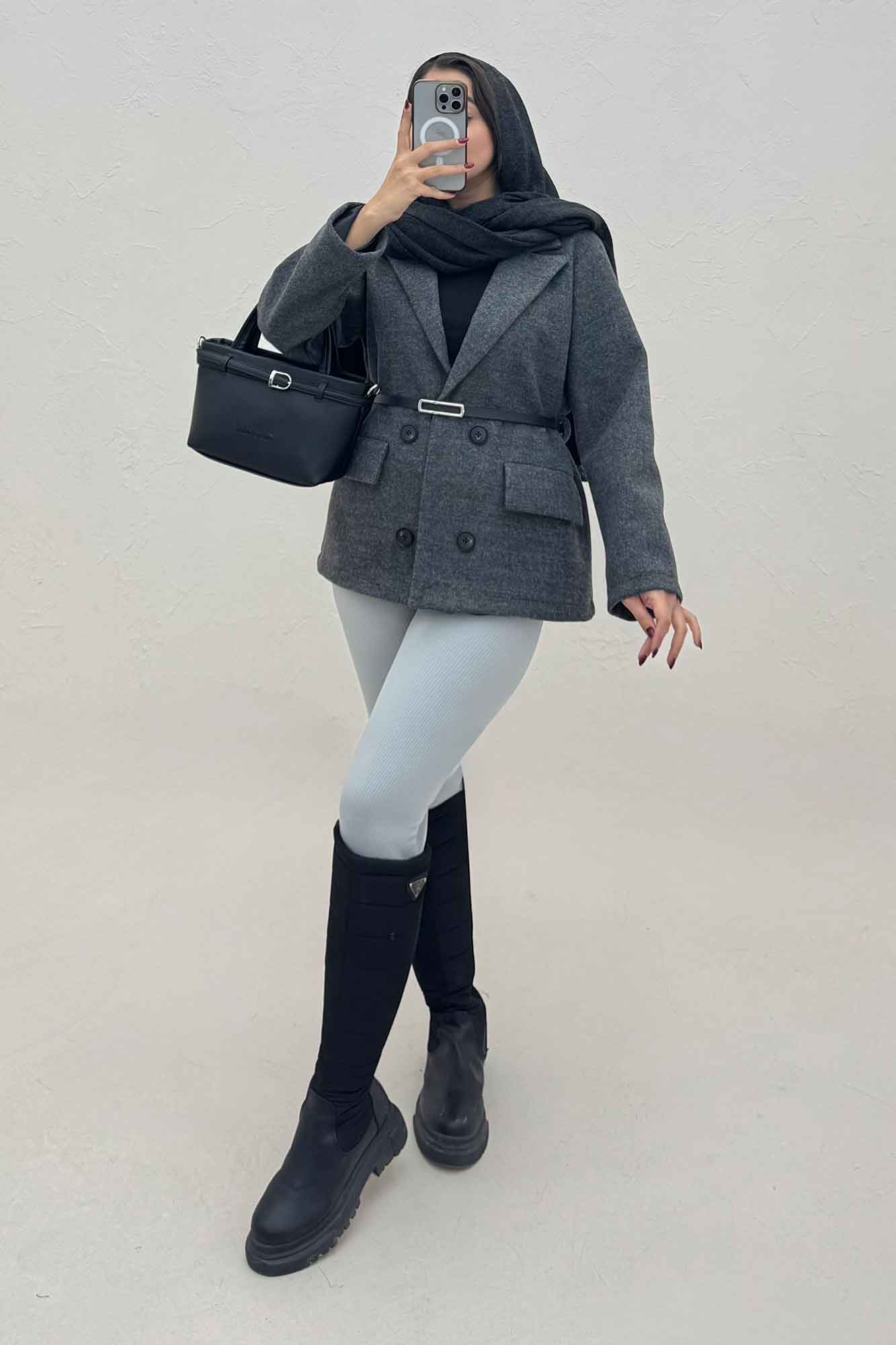 کت فوتر یقه انگلیسی آستردار کمربند چرم