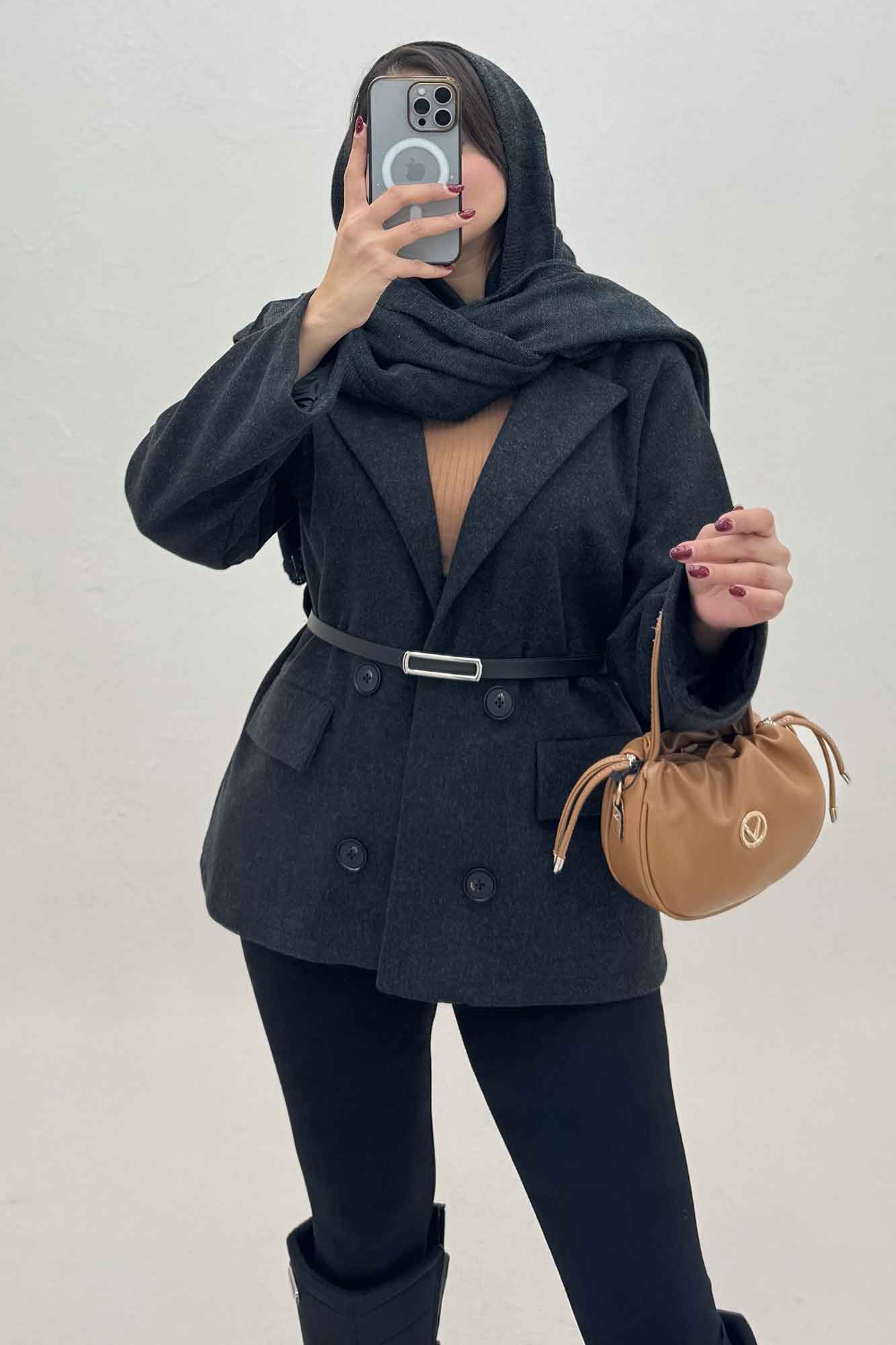 کت فوتر یقه انگلیسی آستردار کمربند چرم