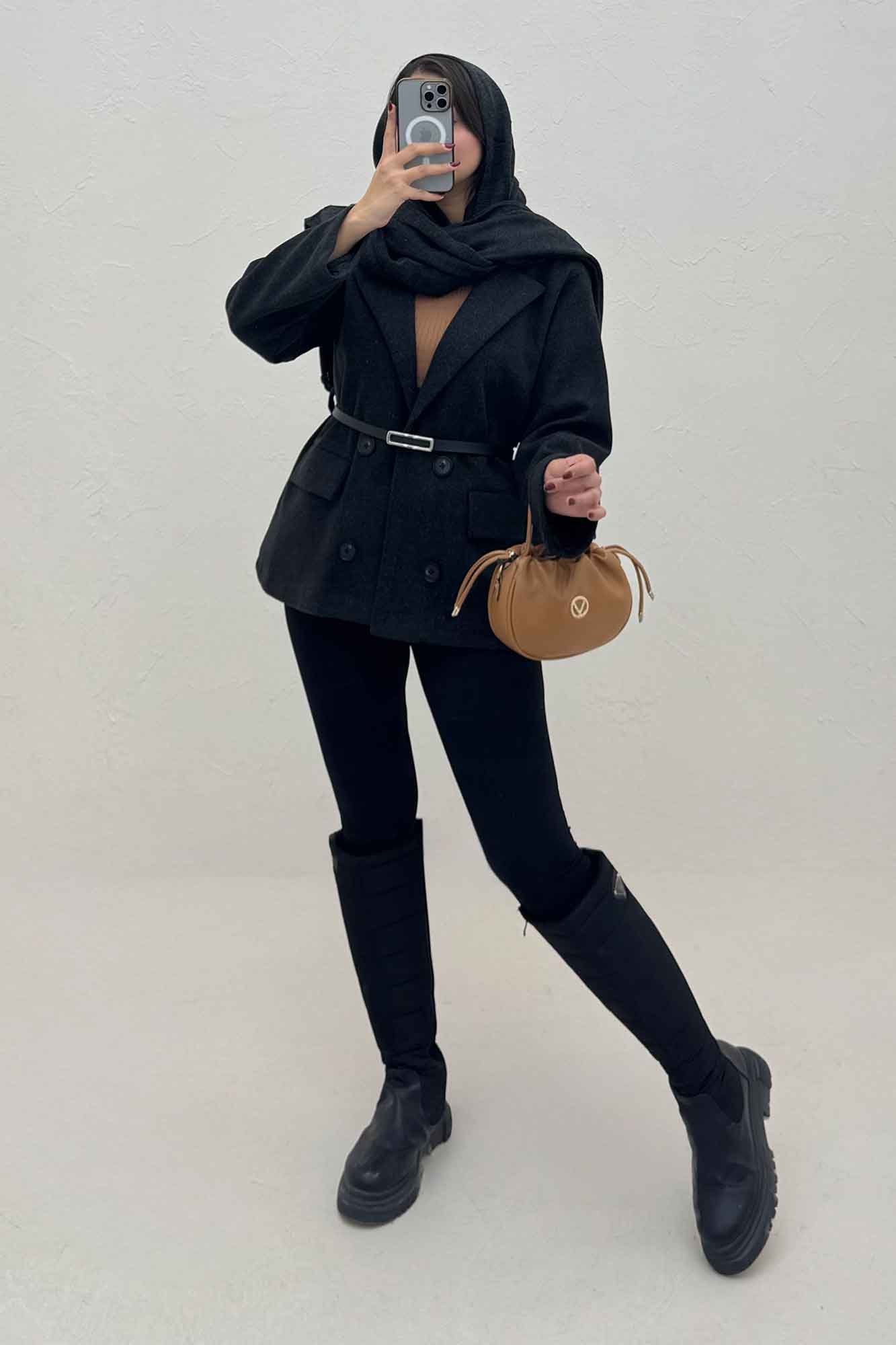 کت فوتر یقه انگلیسی آستردار کمربند چرم