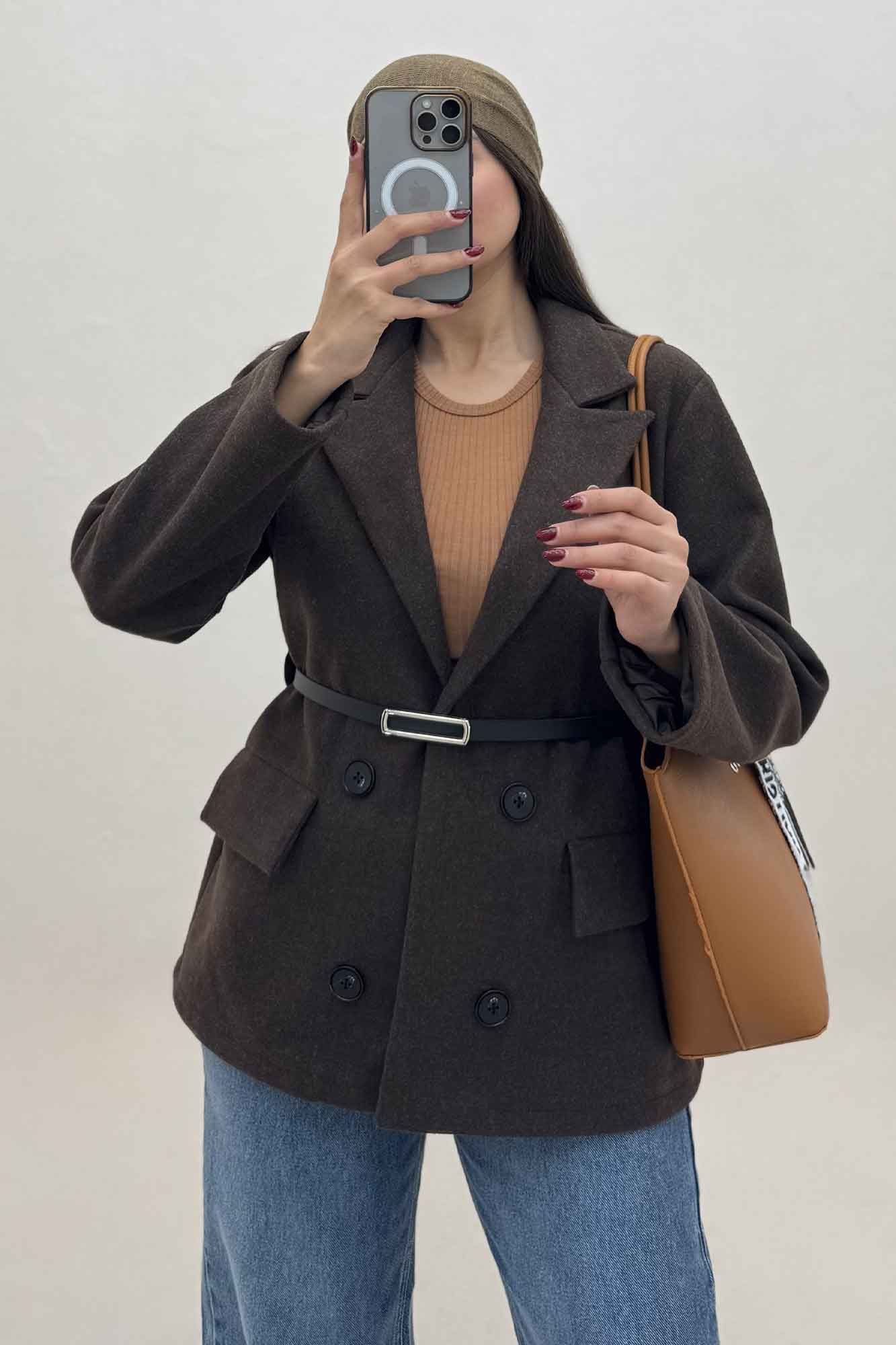 کت فوتر یقه انگلیسی آستردار کمربند چرم