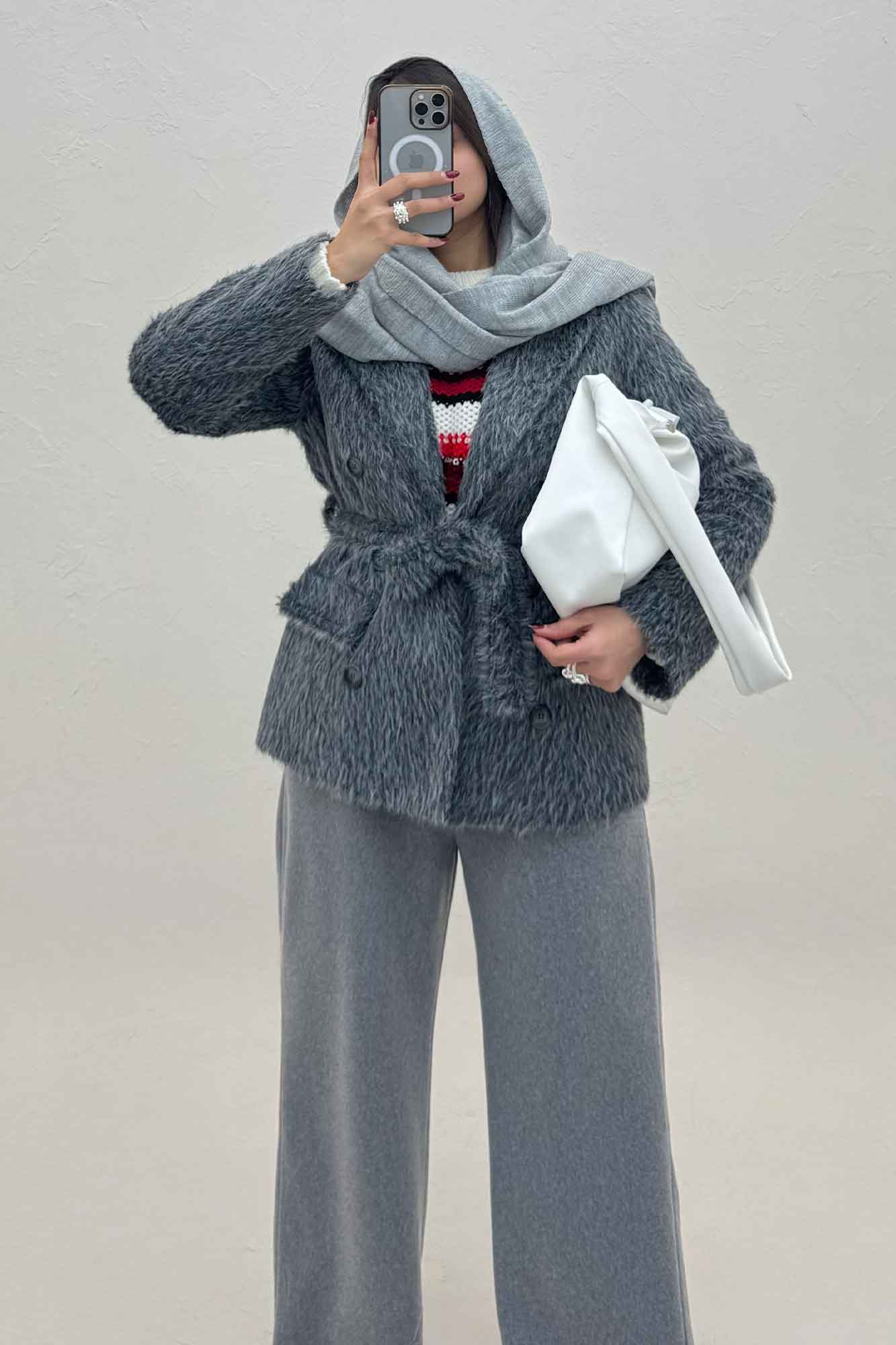 کت خز آستردار کمربنددار فلینا