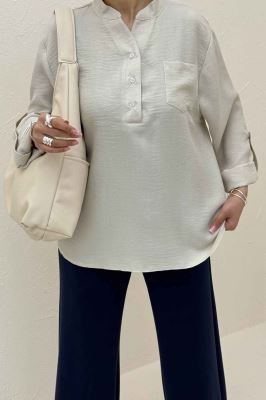 بلوز شانتون یقه بلیطی تک جیب