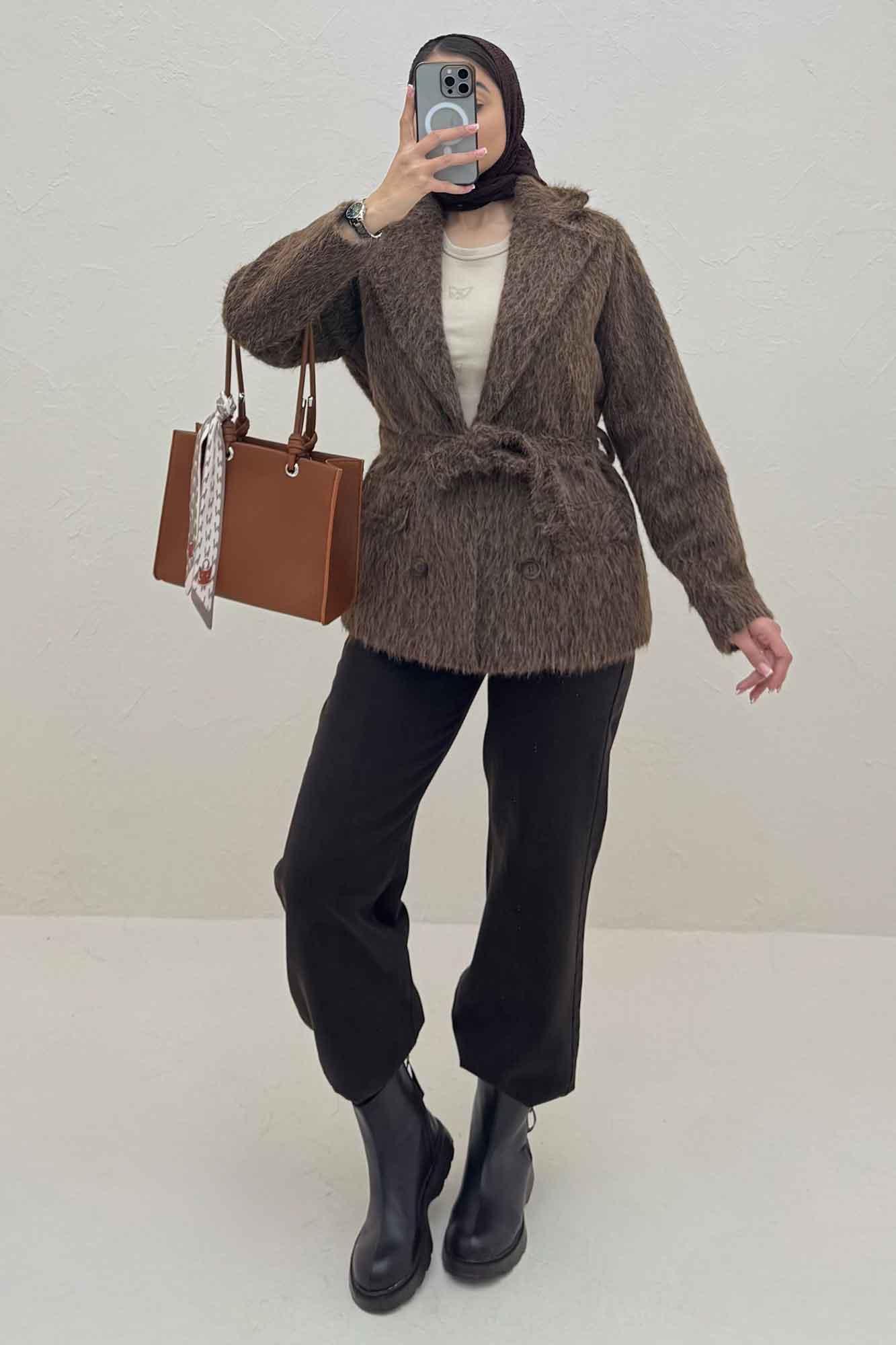 کت خز آستردار کمربنددار فلینا