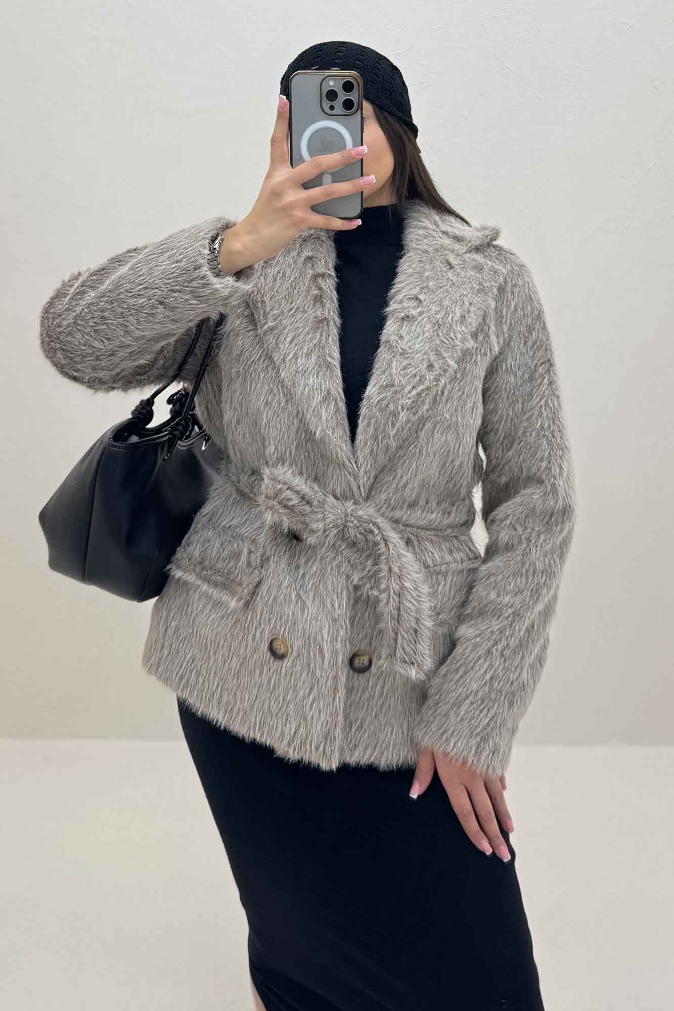 کت خز شاین دار آستردار کمربنددار