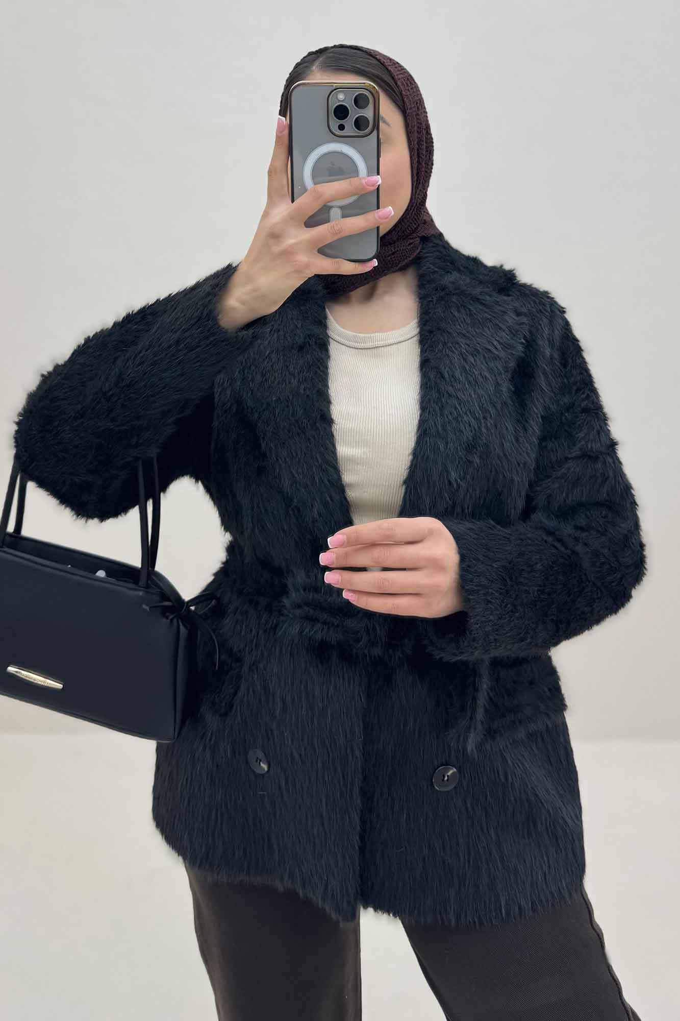 کت خز آستردار کمربنددار فلینا