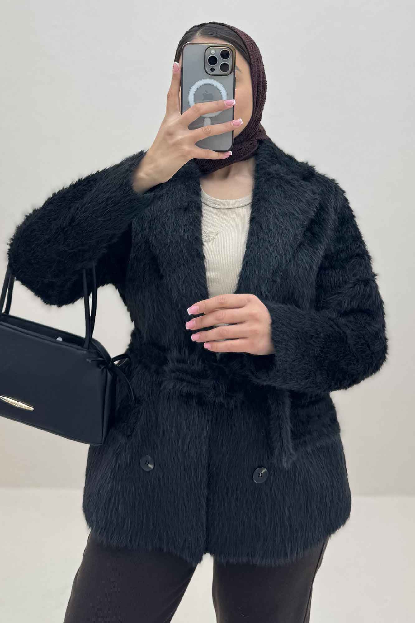 کت خز آستردار کمربنددار فلینا