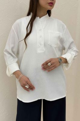 بلوز اطلس یقه بلیطی تک جیب 