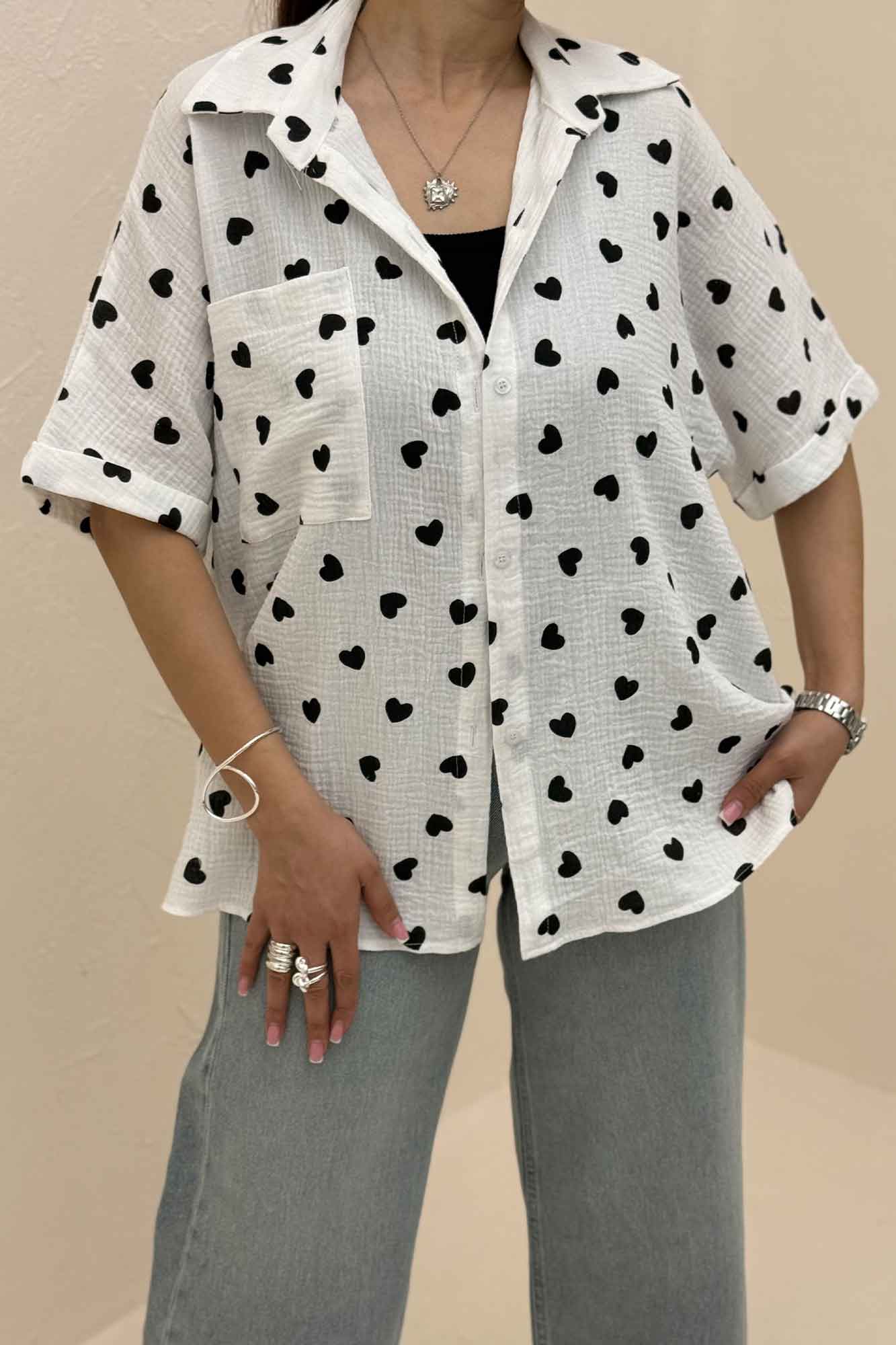 شومیز دبل فیس طرحدار آستین کوتاه