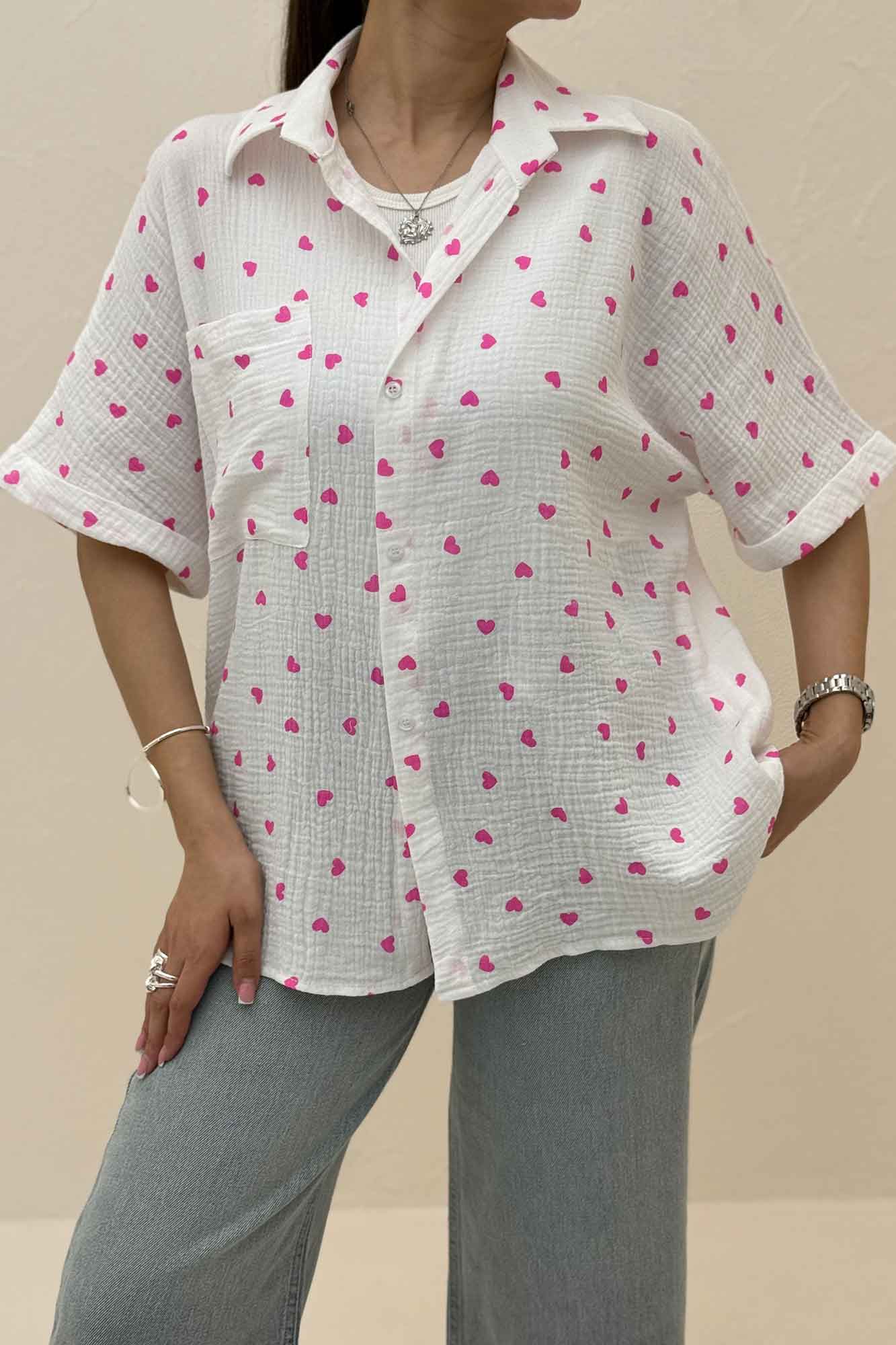 شومیز دبل فیس طرحدار آستین کوتاه