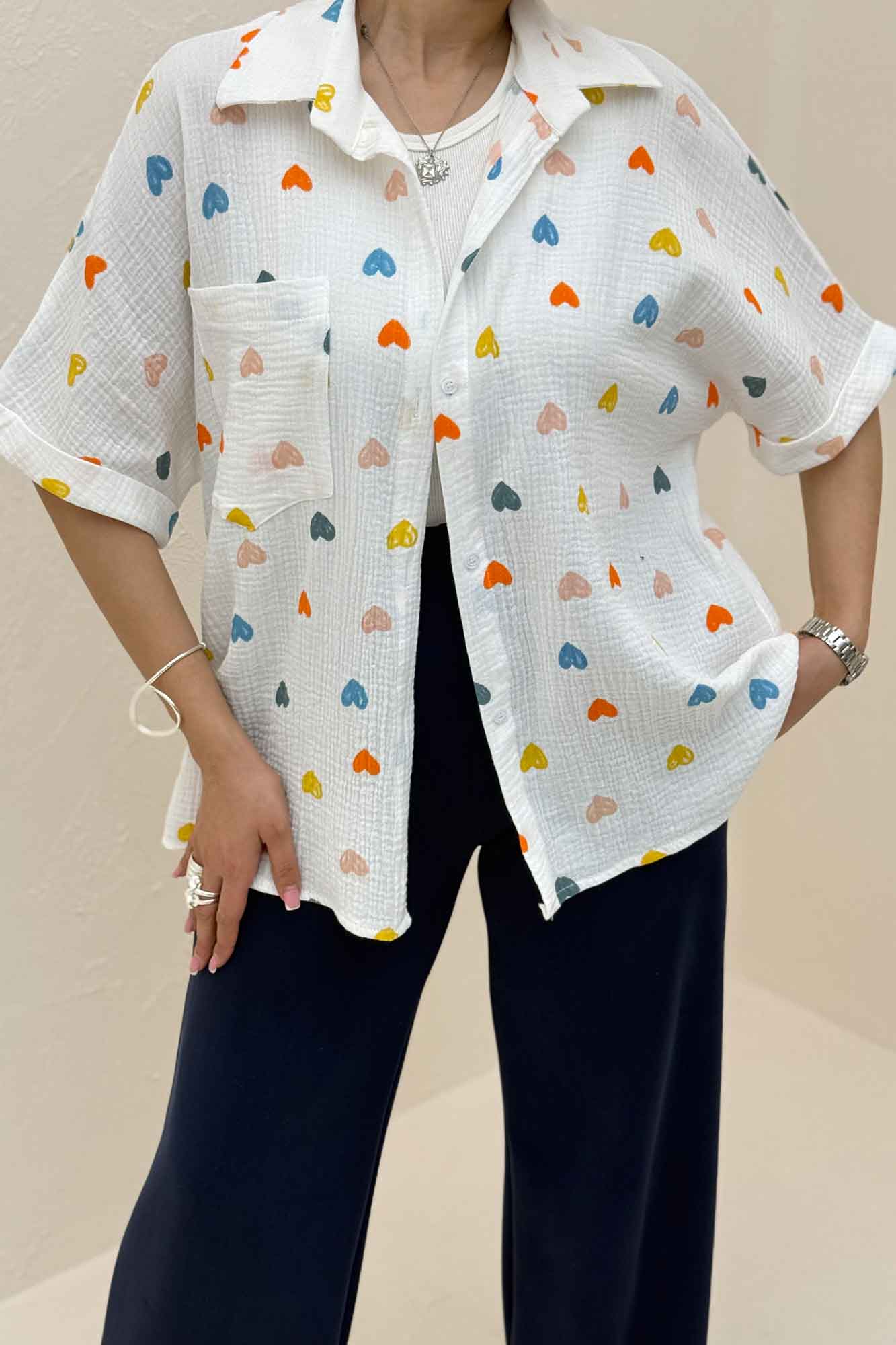 شومیز دبل فیس طرحدار آستین کوتاه