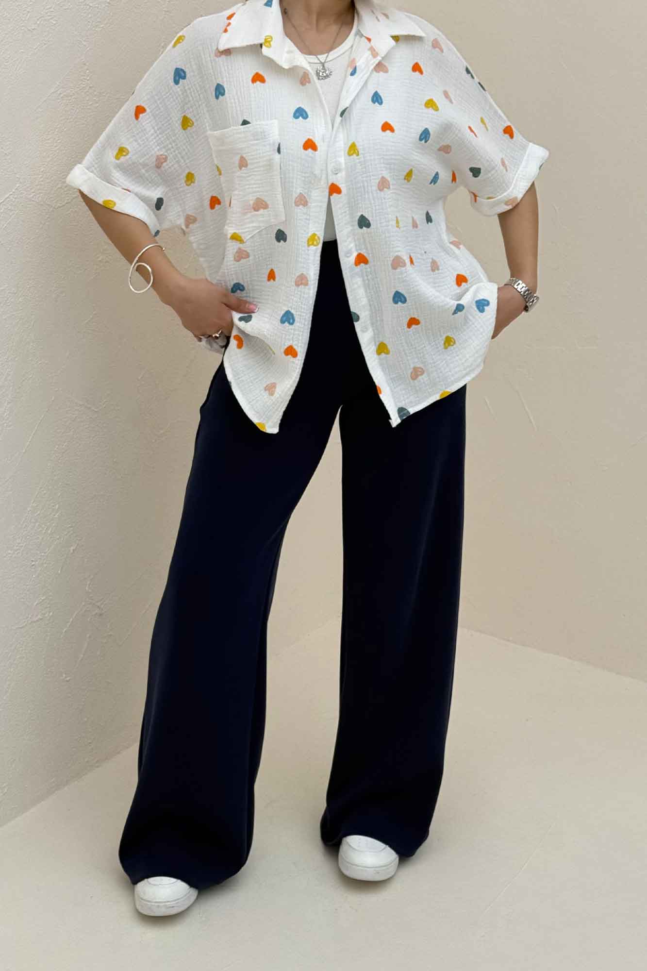 شومیز دبل فیس طرحدار آستین کوتاه