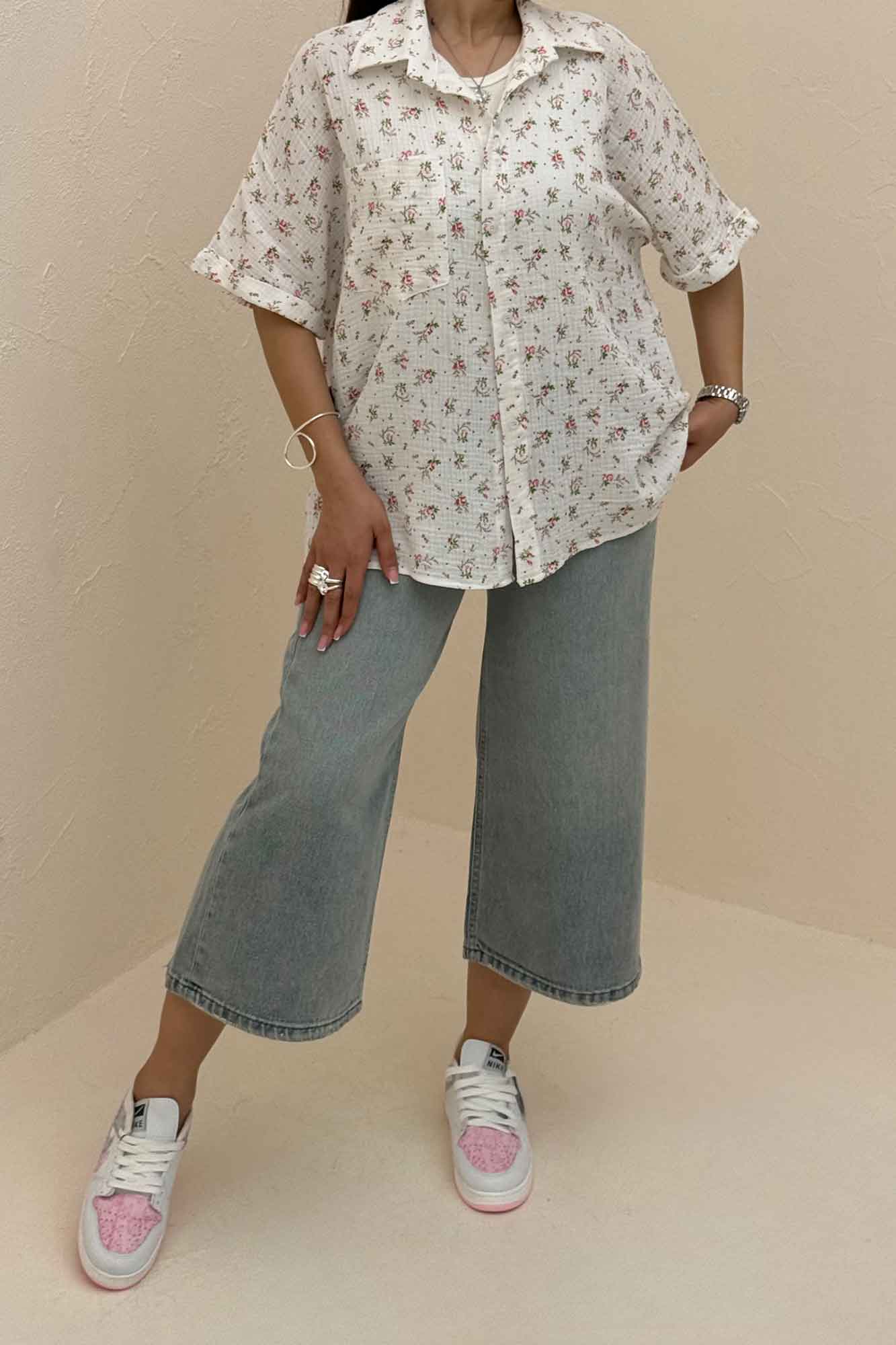 شومیز دبل فیس طرحدار آستین کوتاه