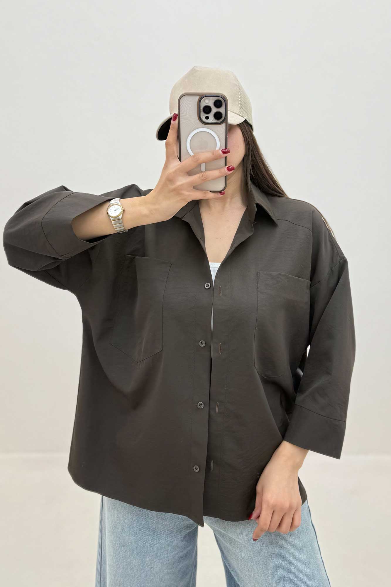 شومیز مانتویی کتان سیلک دو جیب