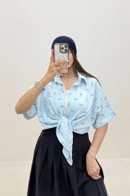 شومیز اطلس چاپی آستین کوتاه طرح MIU
