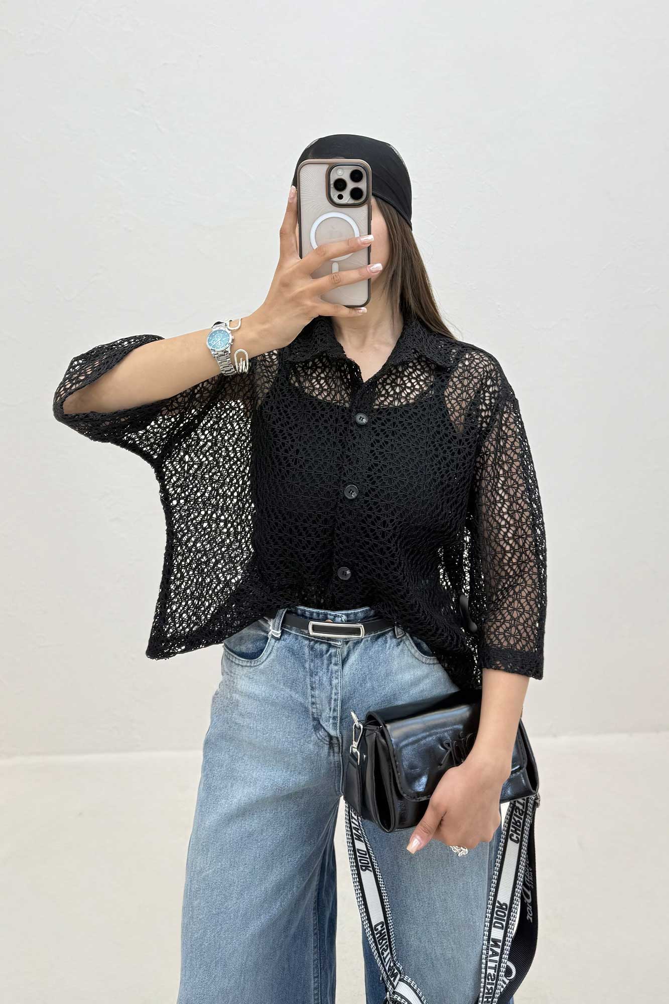 شومیز دکمه ای قلاب بافی